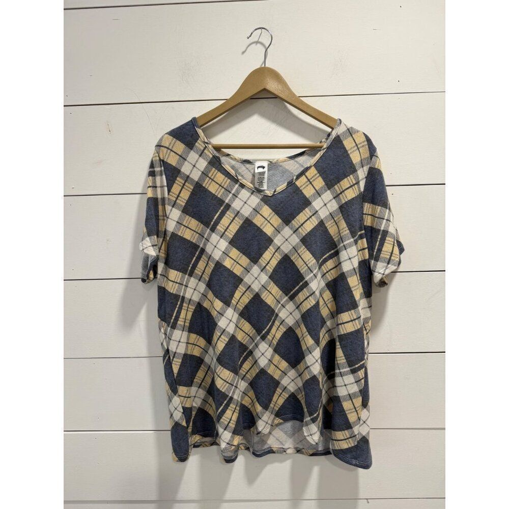 Boutique Plaid Short Sleeve Blouse Blue Yellow White 3XL Women